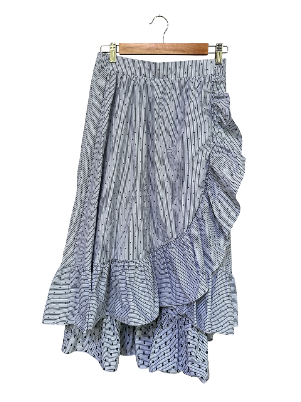 Maje Johno Dot Stripe Ruffle Midi Skirt Blue Cotton Ruffle Hem Nwt, Size 3, Us L